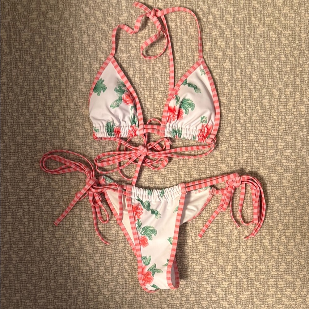 Floral Bikini Set with Pink Stripes